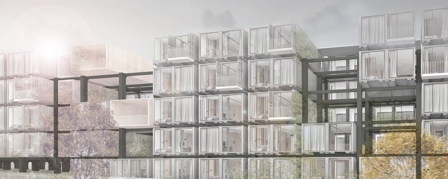 Containerhybridbau-Gebäude im Rohbau